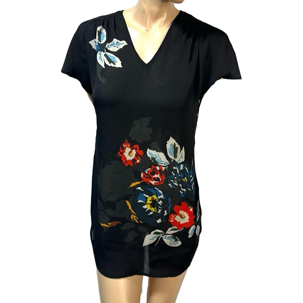 cAbi Fiore Tunic Womens Size XS Black Floral Print Short Sleeve Blouse